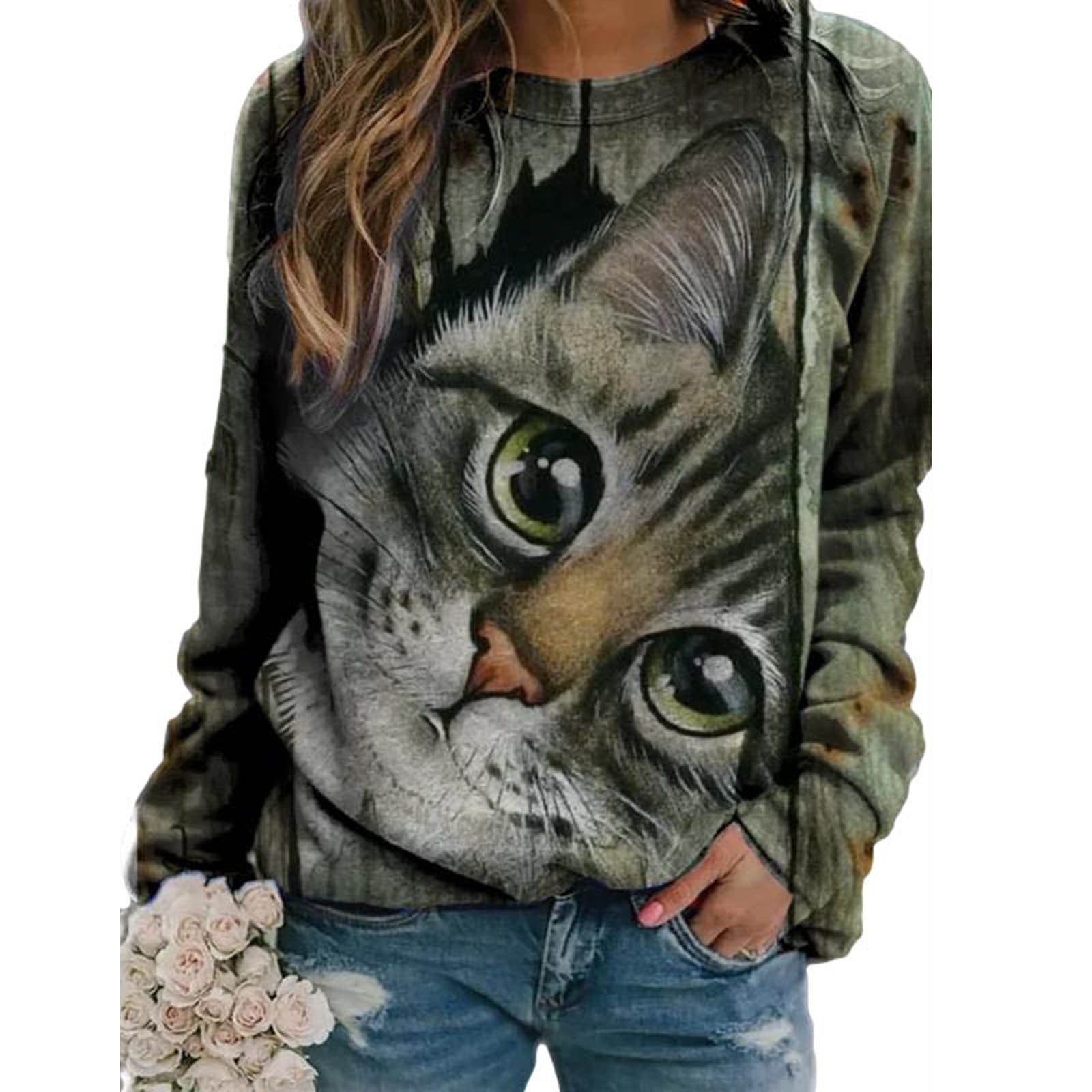 Blouses Tops Fashion O-neck Long Sleeve Funny Cute Cat 3D Print