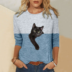 Casual Contrast Color Cat Print Shirts Cotto Blend Long Sleeve Shirt