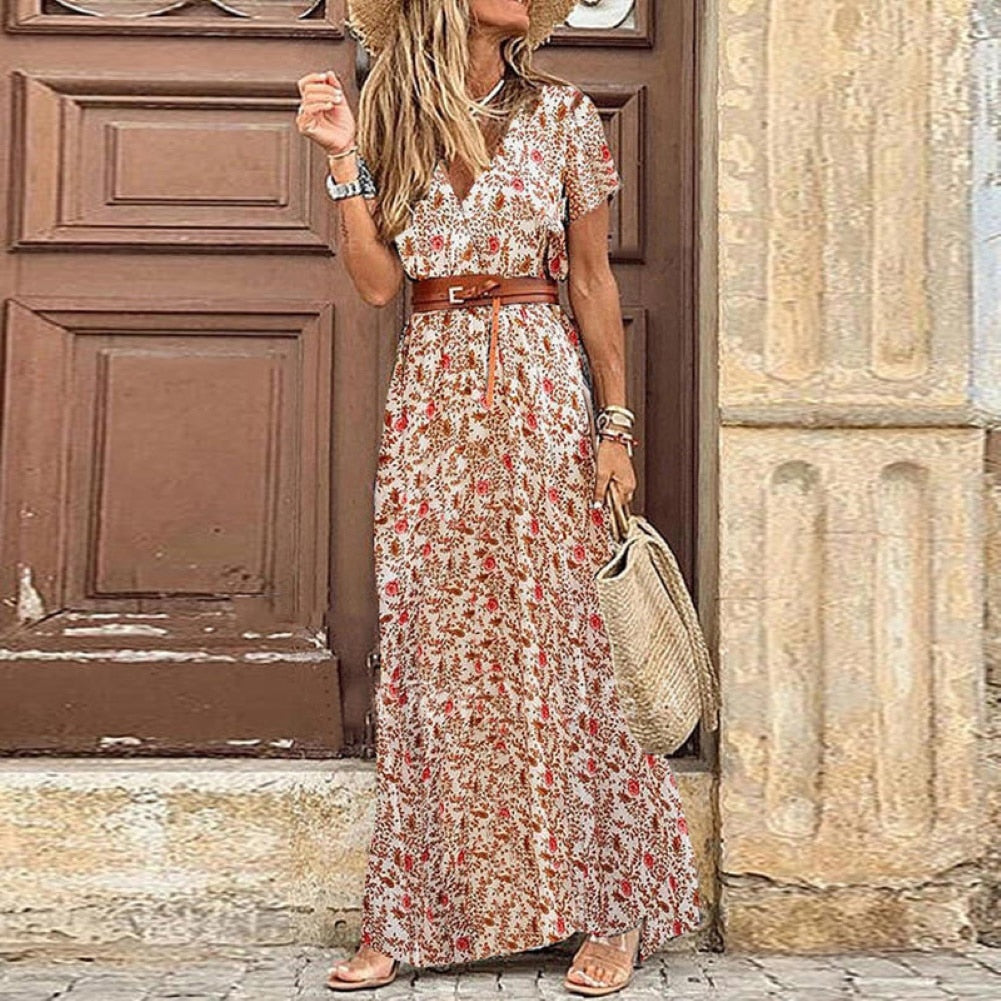 Women's Floral Short Sleeve Long Dress