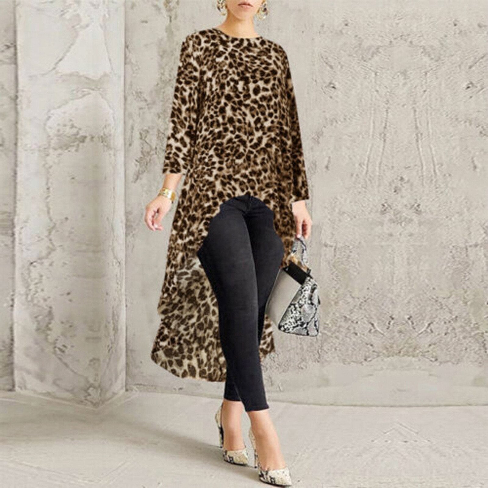 Oversized  Fashion High Low Leopard Blouse Shirt Loose Tops Casual