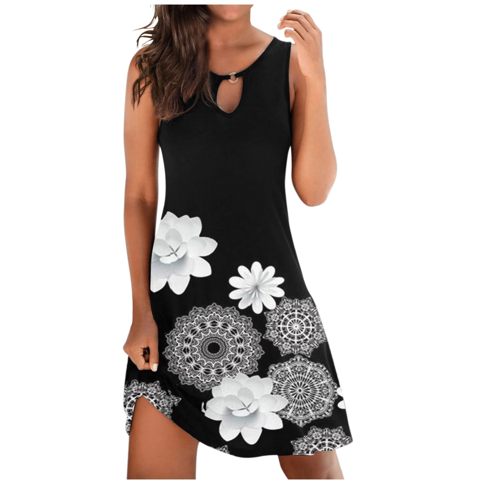 Casual Sleeveless Women's Vintage Summer Dress with Floral Print Loose Knee-length Beach Pullover