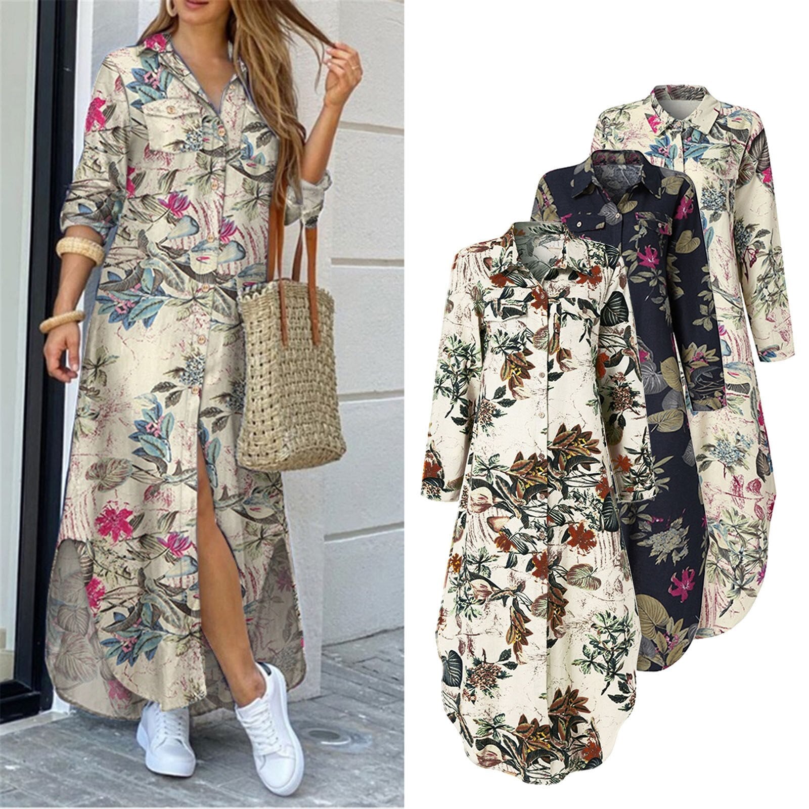 Womens Fashion Floral Print Shirt Maxi Dress V Neck Bottoned Half Sleeve Zip Up Evening Party