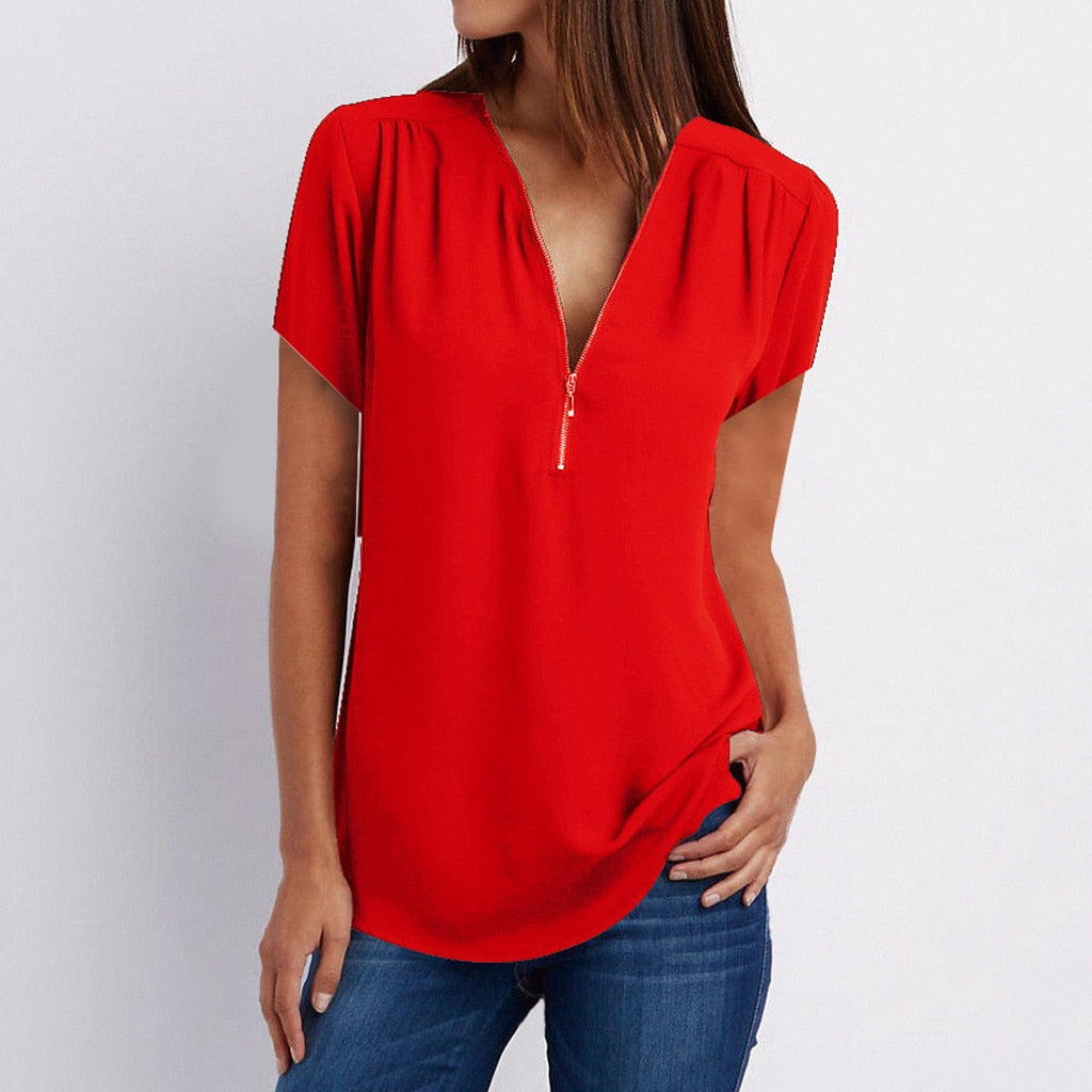 Fashion women's Blouse with Zipper v-neck Casual Shirts