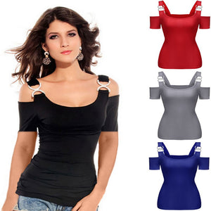 Women T-shirt Solid Off Shoulder Tops Metal Buckle Strap Summer Short Sleeve