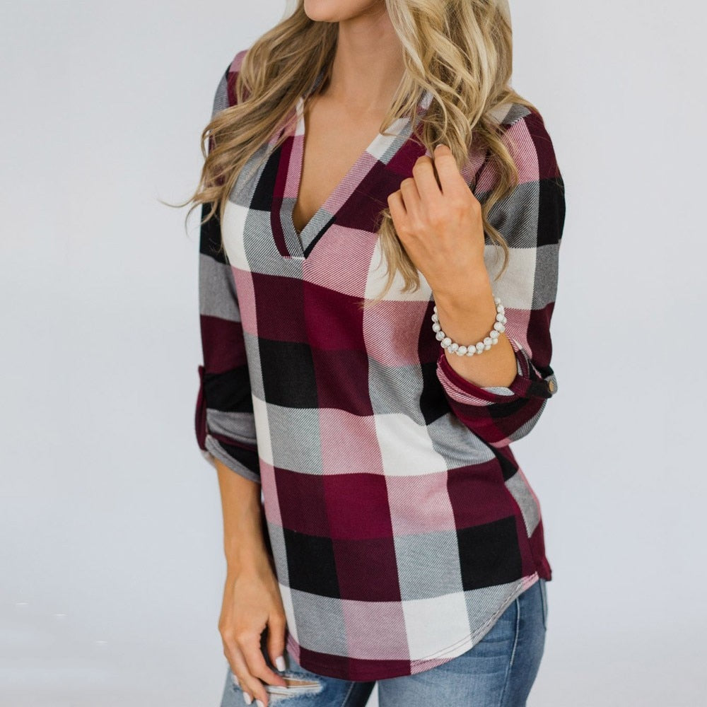 Fashion Women Roll Up Long Sleeve Sexy V-neck Tee Top Plaid Blouse Shirt