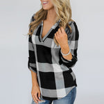 Load image into Gallery viewer, Fashion Women Roll Up Long Sleeve Sexy V-neck Tee Top Plaid Blouse Shirt
