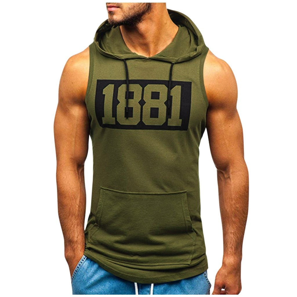 Sports Tank Tops Men Fitness Muscle Print Sleeveless Hooded