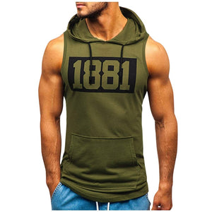 Sports Tank Tops Men Fitness Muscle Print Sleeveless Hooded