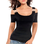 Load image into Gallery viewer, Women T-shirt Solid Off Shoulder Tops Metal Buckle Strap Summer Short Sleeve
