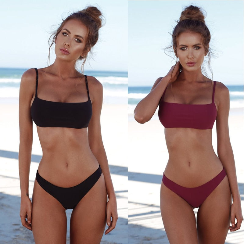 Summer Women Solid Bikini Set Push-up UnPadded Bra Swimsuit Swimwear