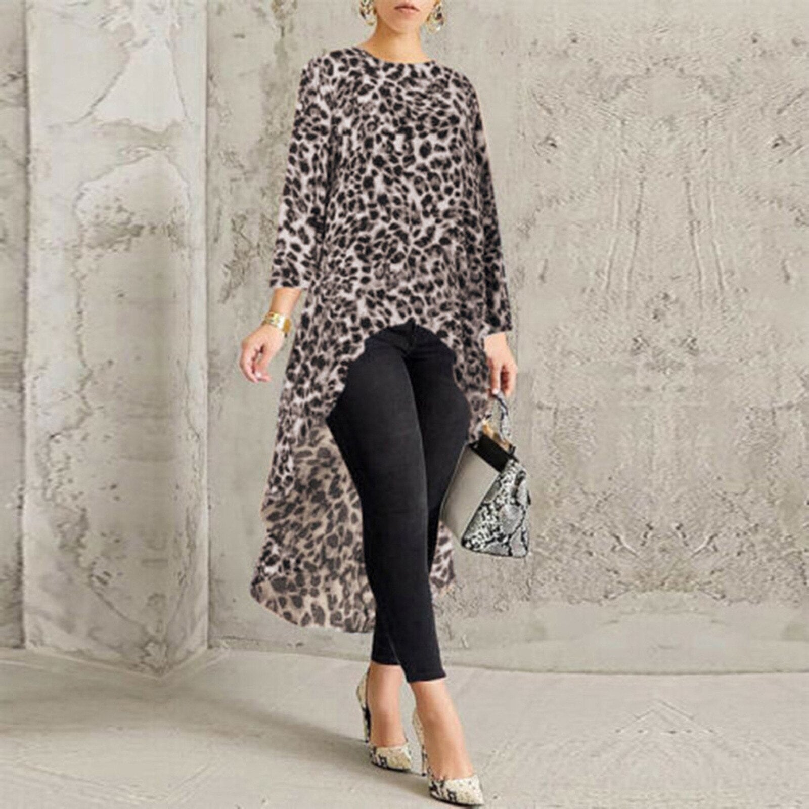 Oversized  Fashion High Low Leopard Blouse Shirt Loose Tops Casual