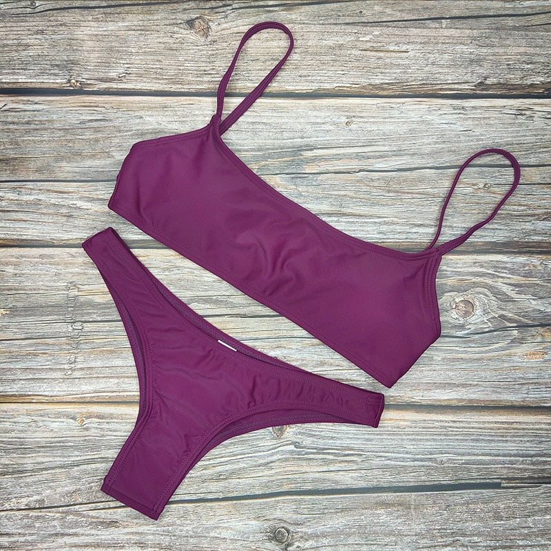 Summer Women Solid Bikini Set Push-up UnPadded Bra Swimsuit Swimwear