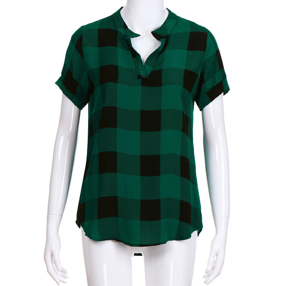 Women's Plaid Blouse Casual Short Sleeve Cotton V-neck