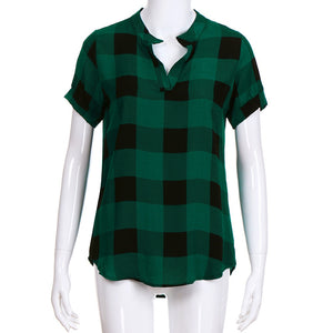 Women's Plaid Blouse Casual Short Sleeve Cotton V-neck