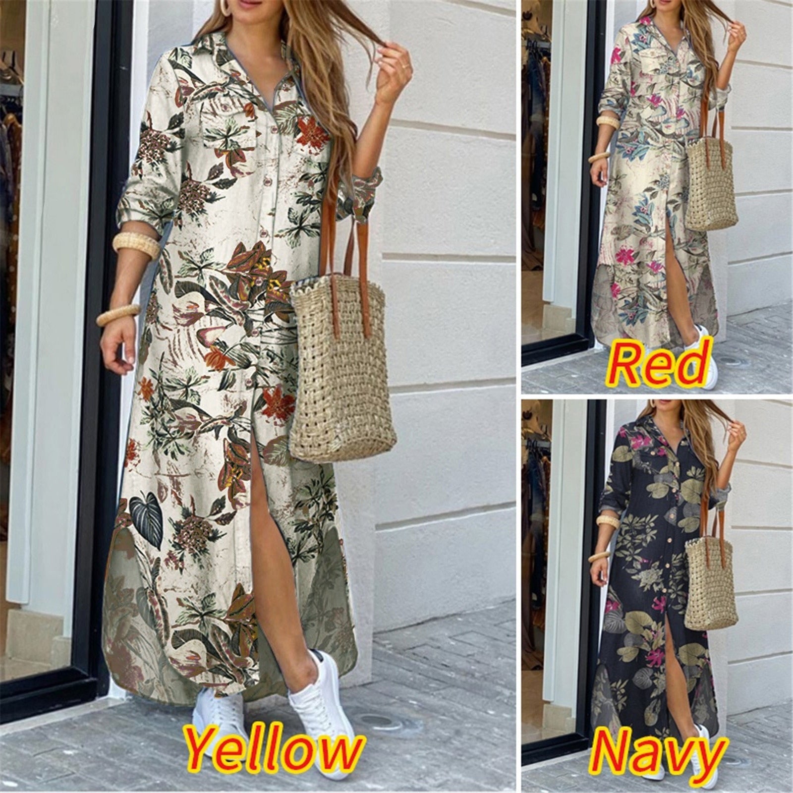 Womens Fashion Floral Print Shirt Maxi Dress V Neck Bottoned Half Sleeve Zip Up Evening Party