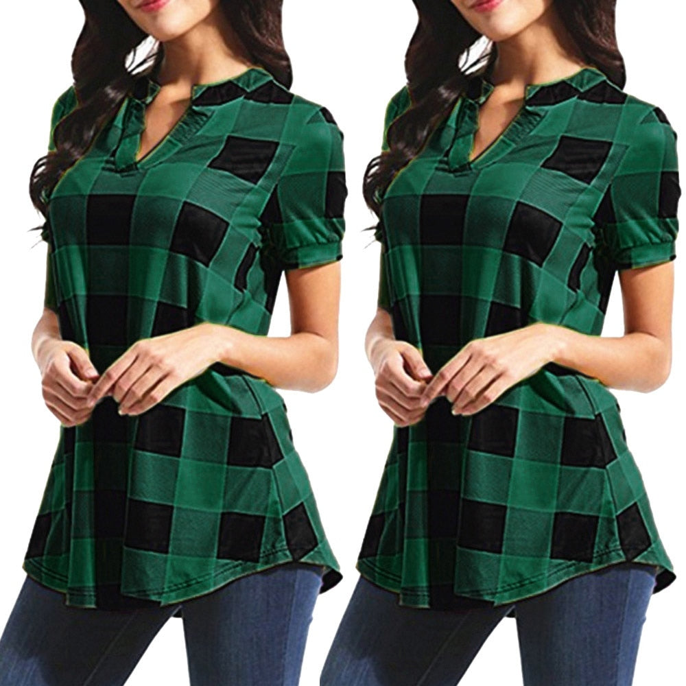 Women's Plaid Blouse Casual Short Sleeve Cotton V-neck