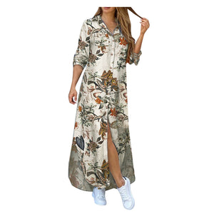 Womens Fashion Floral Print Shirt Maxi Dress V Neck Bottoned Half Sleeve Zip Up Evening Party