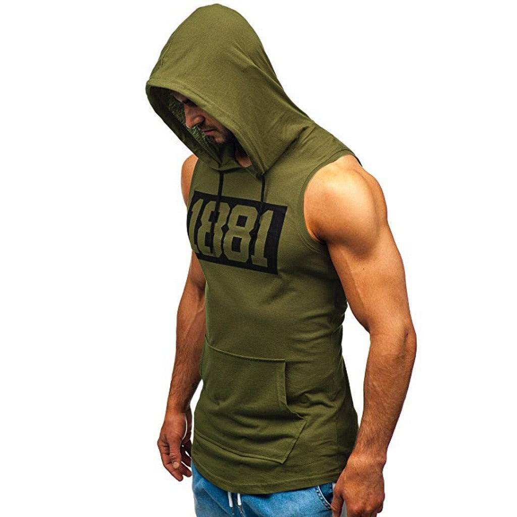 Sports Tank Tops Men Fitness Muscle Print Sleeveless Hooded