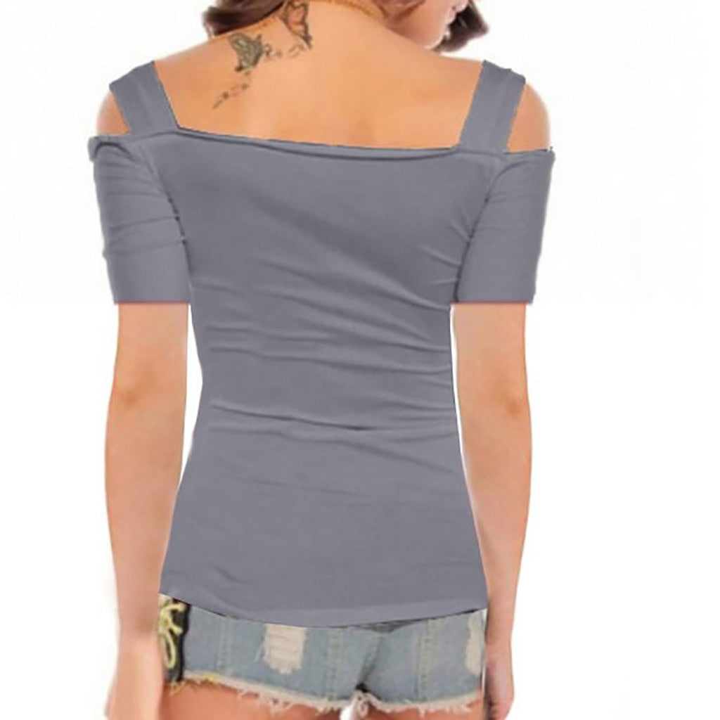 Women T-shirt Solid Off Shoulder Tops Metal Buckle Strap Summer Short Sleeve