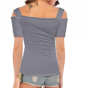 Women T-shirt Solid Off Shoulder Tops Metal Buckle Strap Summer Short Sleeve