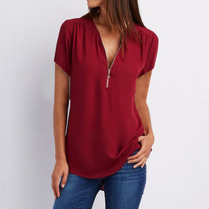 Fashion women's Blouse with Zipper v-neck Casual Shirts