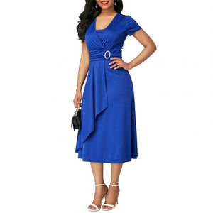 Dress Women Short Sleeve Asymmetric Hem Waist Tight Large Swing Midi Evening Party Dress