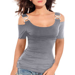 Load image into Gallery viewer, Women T-shirt Solid Off Shoulder Tops Metal Buckle Strap Summer Short Sleeve
