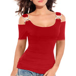 Load image into Gallery viewer, Women T-shirt Solid Off Shoulder Tops Metal Buckle Strap Summer Short Sleeve
