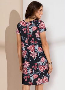 Pink Floral Dress With Pockets And Short Sleeves