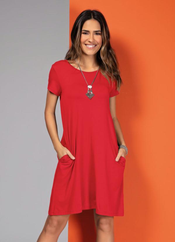Red Dress With Pockets And Short Sleeves