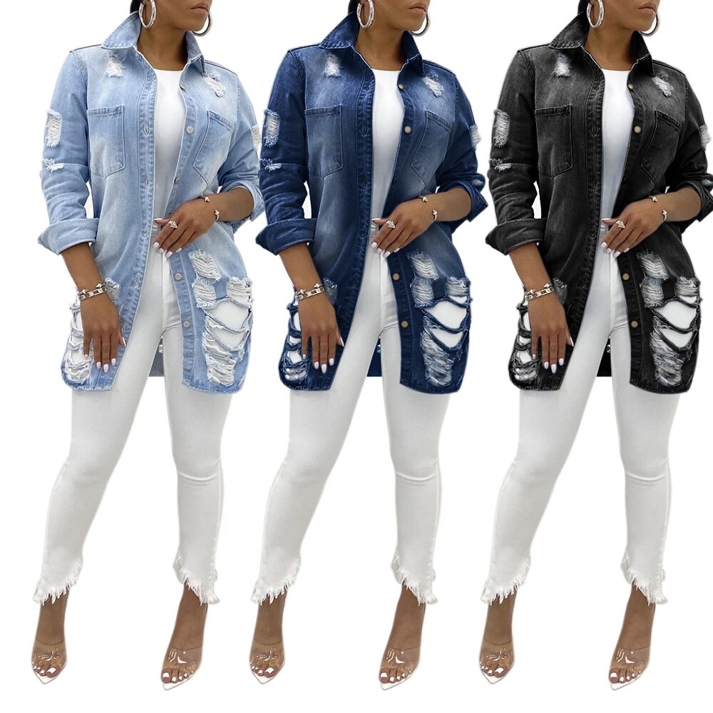 Denim Jackets Washed Blue Ripped Jeans Coat New Thin Women Jacket