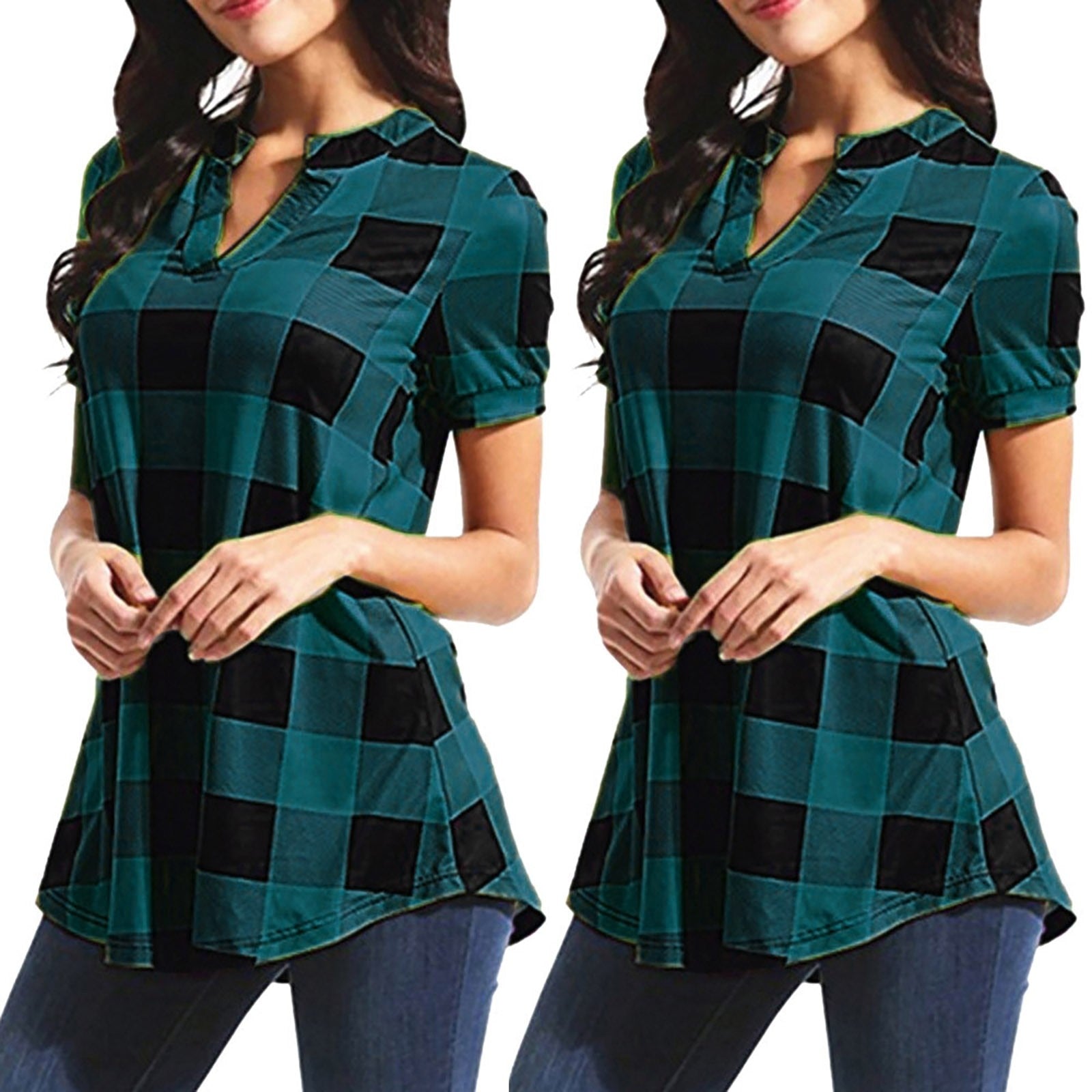 Women's Plaid Blouse Casual Short Sleeve Cotton V-neck