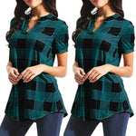 Load image into Gallery viewer, Women&#39;s Plaid Blouse Casual Short Sleeve Cotton V-neck
