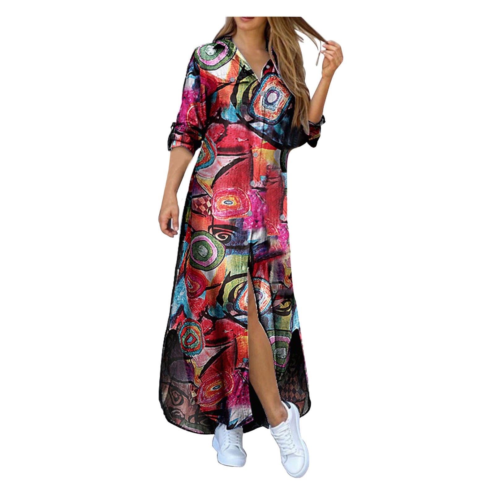 Womens Fashion Floral Print Shirt Maxi Dress V Neck Bottoned Half Sleeve Zip Up Evening Party