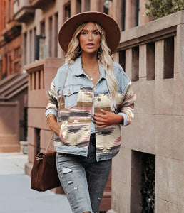 Retro Denim Jacket 2022 New Long Sleeved Lapel Loose Denim Stitching Woolen Jacket Female Vintage