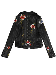 Women Floral Print Embroidery Faux Soft Leather Jacket Coat  Turn-down Collar Casual