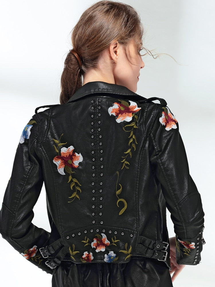 Women Floral Print Embroidery Faux Soft Leather Jacket Coat  Turn-down Collar Casual