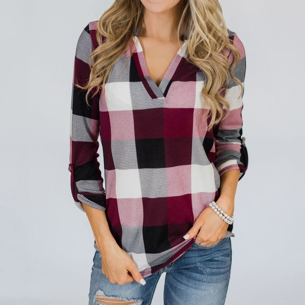 Fashion Women Roll Up Long Sleeve Sexy V-neck Tee Top Plaid Blouse Shirt