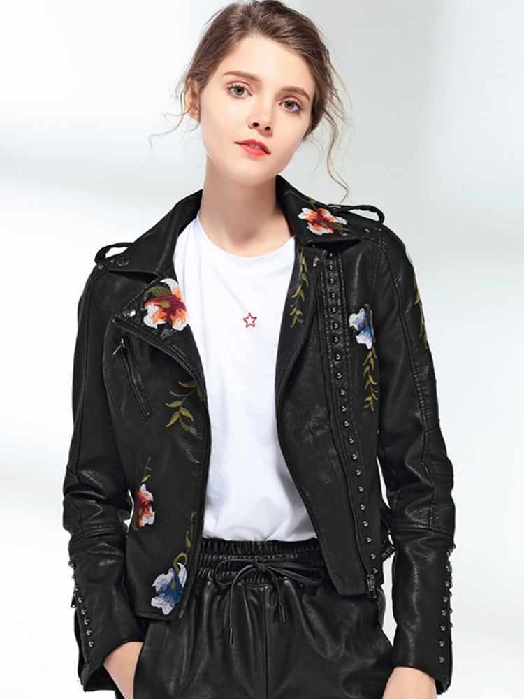 Women Floral Print Embroidery Faux Soft Leather Jacket Coat  Turn-down Collar Casual