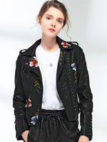 Load image into Gallery viewer, Women Floral Print Embroidery Faux Soft Leather Jacket Coat  Turn-down Collar Casual

