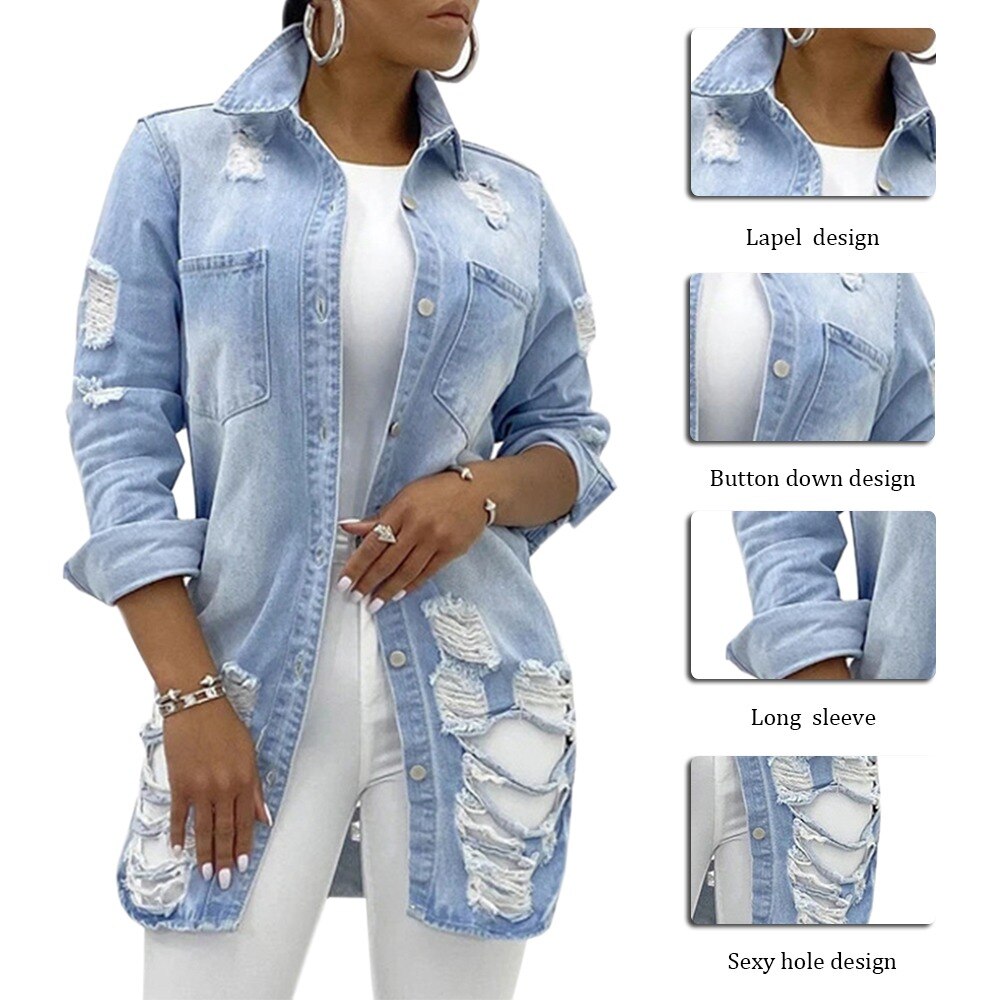 Denim Jackets Washed Blue Ripped Jeans Coat New Thin Women Jacket