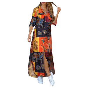 Womens Fashion Floral Print Shirt Maxi Dress V Neck Bottoned Half Sleeve Zip Up Evening Party