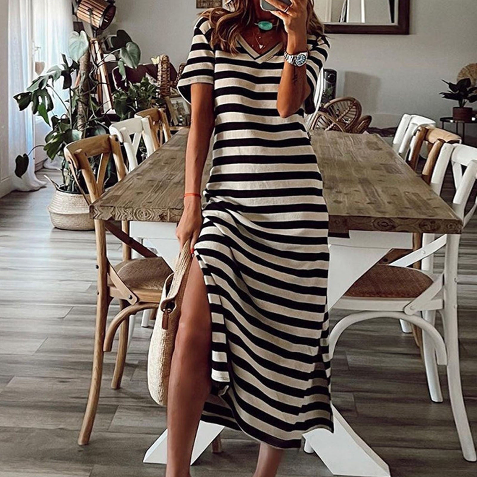 Striped short-sleeved vintage long dress