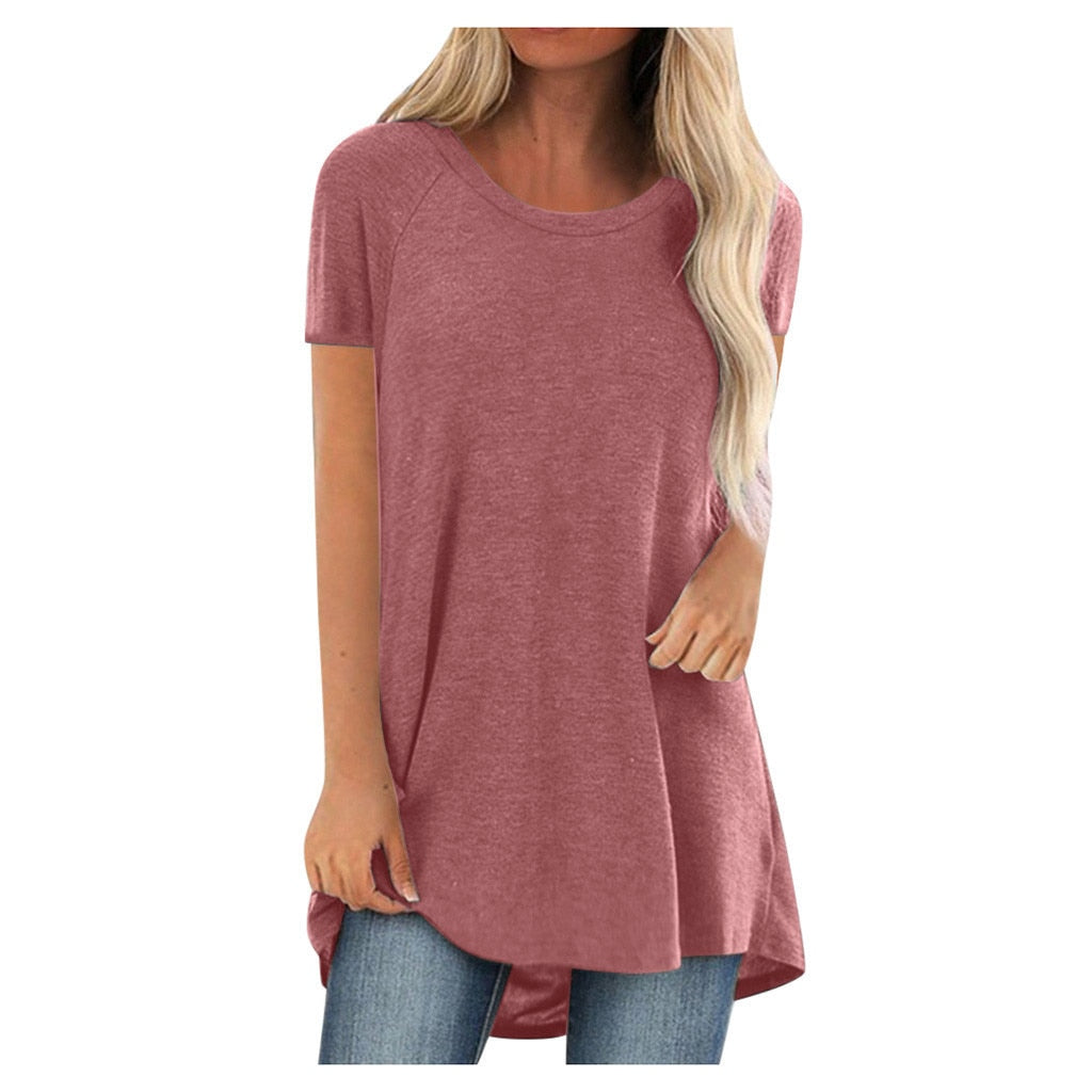 Plus Size 2022 Women's Tunic Soild Fashion Long Shirts Round Neck