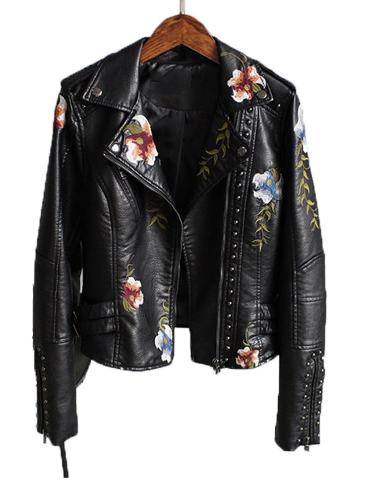 Women Floral Print Embroidery Faux Soft Leather Jacket Coat  Turn-down Collar Casual