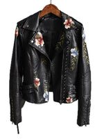 Load image into Gallery viewer, Women Floral Print Embroidery Faux Soft Leather Jacket Coat  Turn-down Collar Casual
