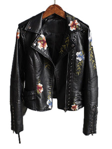 Women Floral Print Embroidery Faux Soft Leather Jacket Coat  Turn-down Collar Casual