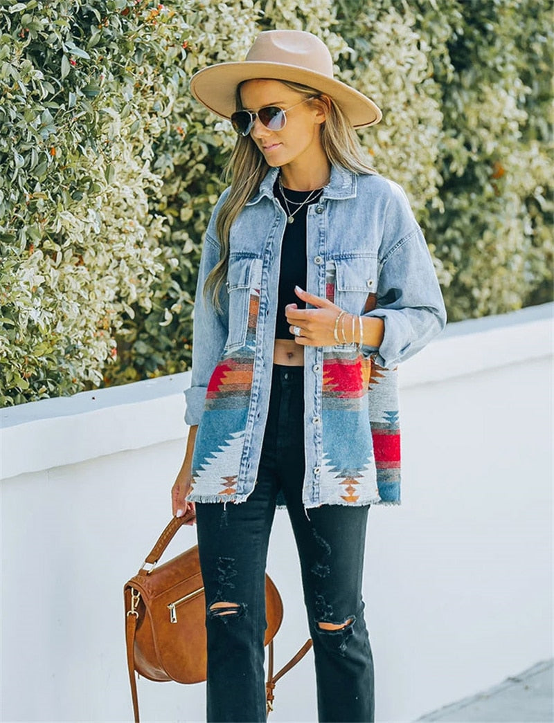 Jeans Casual Jackets Autumn Winter New Aztec Lapel Pocket Denim