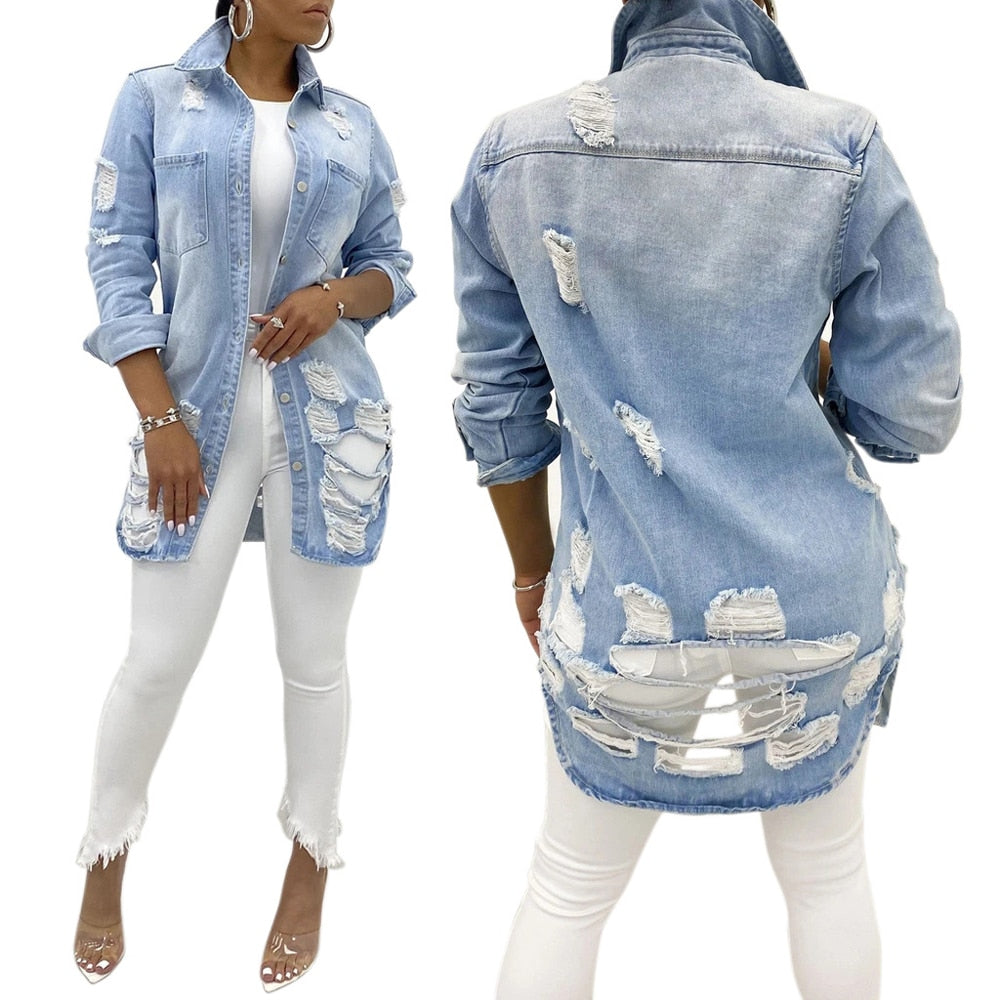Denim Jackets Washed Blue Ripped Jeans Coat New Thin Women Jacket