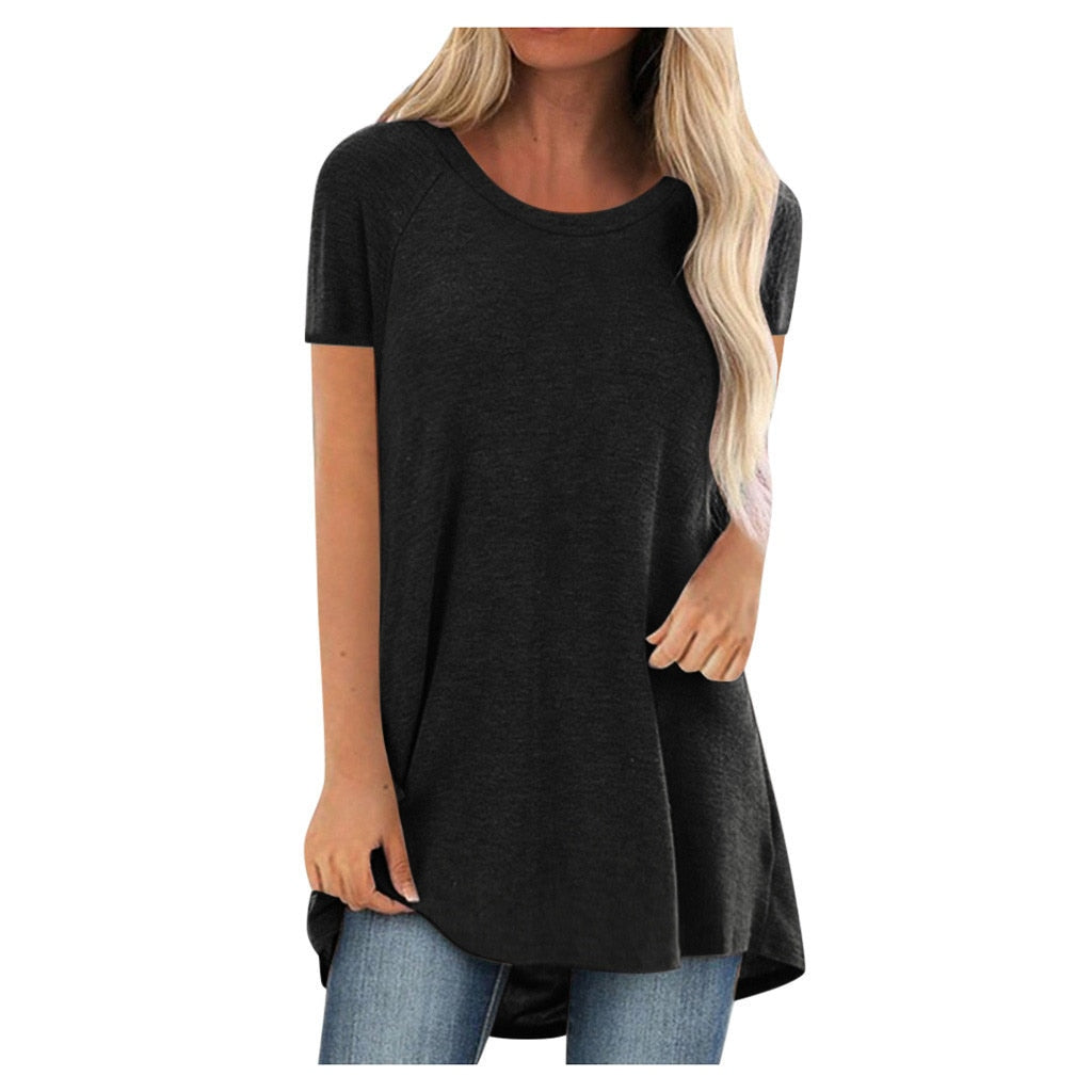 Plus Size 2022 Women's Tunic Soild Fashion Long Shirts Round Neck